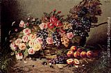 Modeste Carlier Still Life Of Roses, Peaches And Grapes In A Basket painting